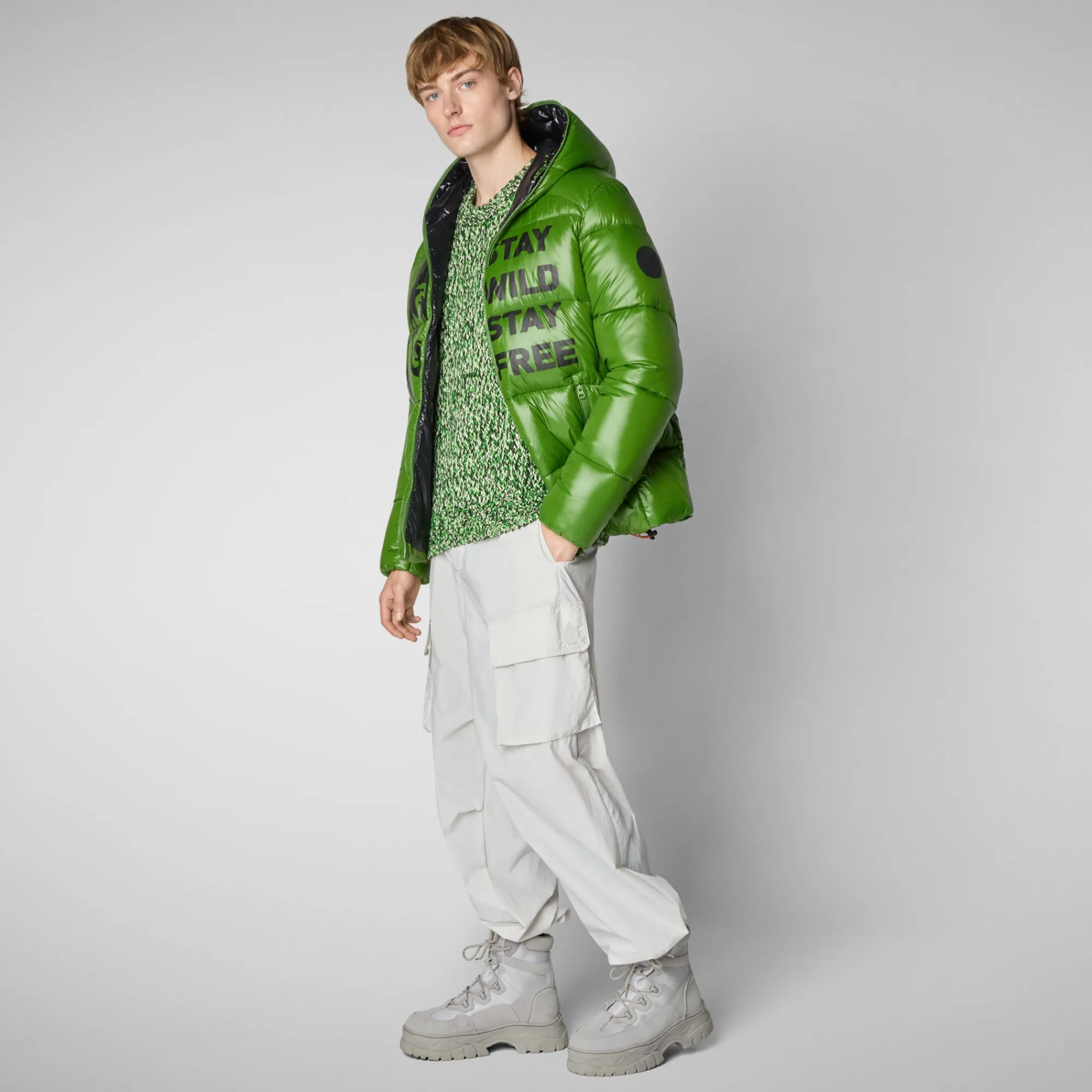 Save The Duck Animal-Free Steppjacken>Animal-free Herren-steppjacke Evander Mit Kapuze In Grass Green Wolf Print Grasgrüner Druck