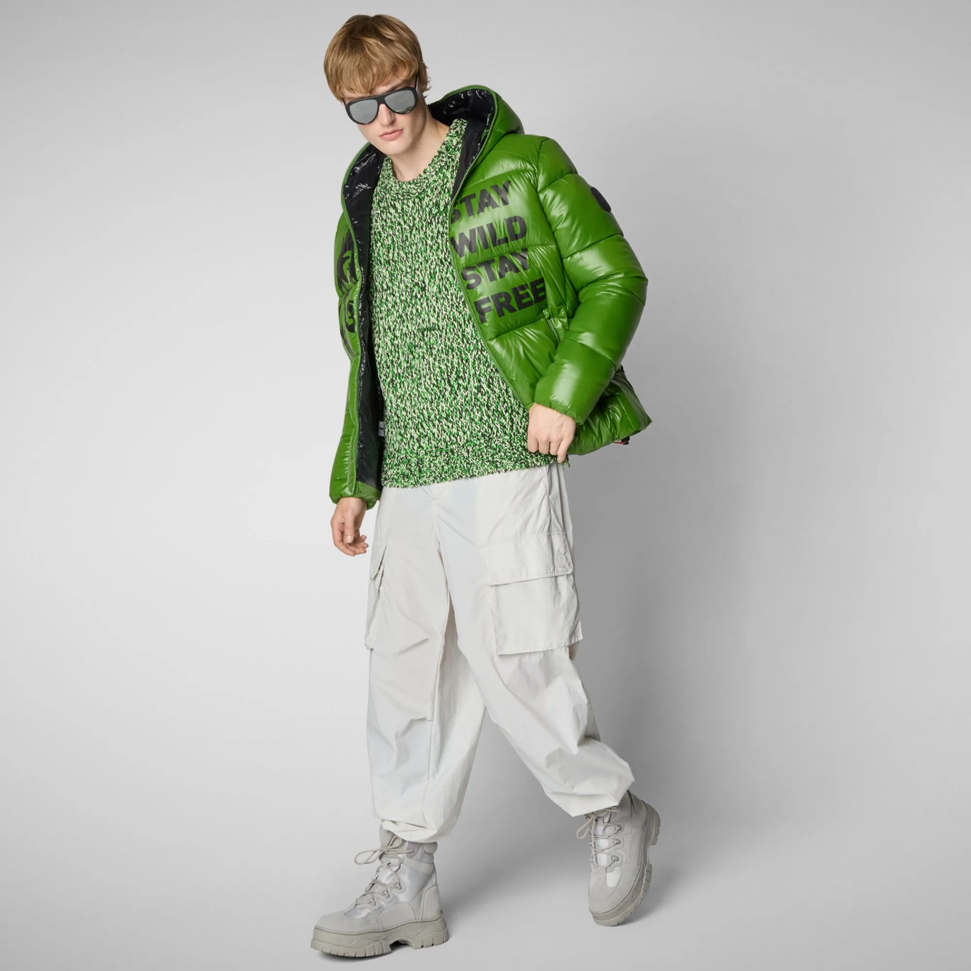 Save The Duck Animal-Free Steppjacken>Animal-free Herren-steppjacke Evander Mit Kapuze In Grass Green Wolf Print Grasgrüner Druck